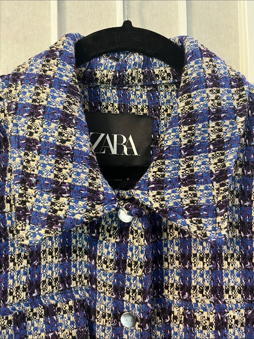Zara Blue, Black & Cream Plaid Cropped Tweed Jacket